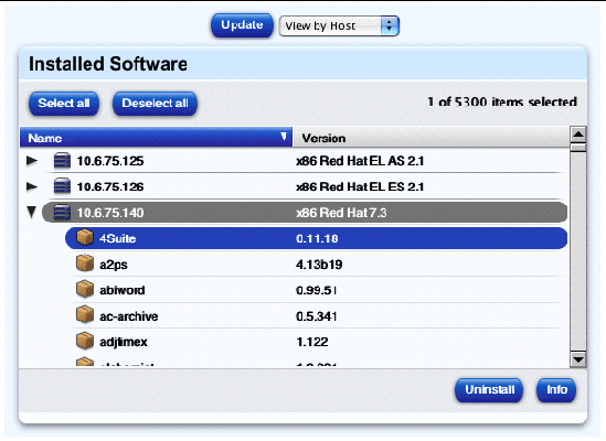 This screenshot shows a sample of the Installed Software table, viewed by managed host; the buttons are Uninstall and Info.