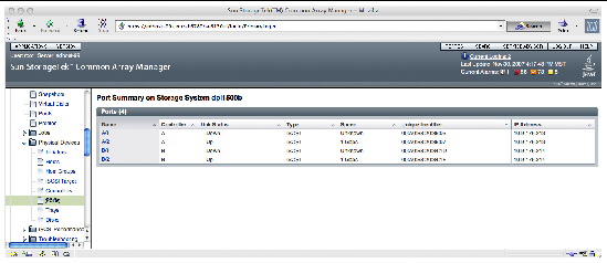 Screenshot showing the Port Summary page within the Sun StorageTek Common Array Manager software.