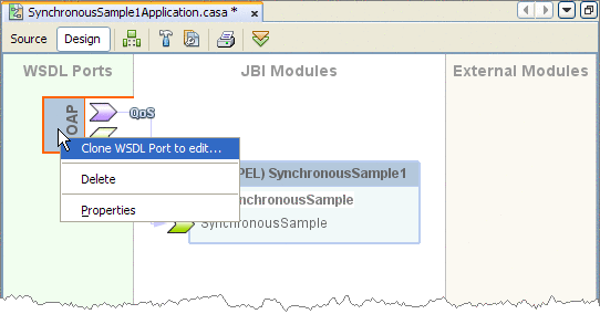 Graphic shows the user right-clicking a WSDL Port in
CASA, as described in context.