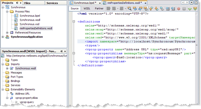 Image shows the elements of the new NM property in the
nmPropertiesDefinitions.wsdl