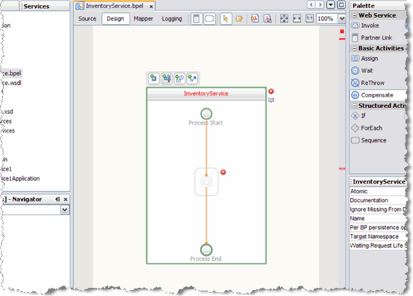 Graphic displays the Inventory Service process flow as
it is being assembled in the BPEL Designer. Described in context.