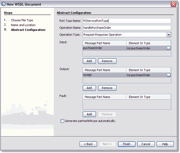 Graphic displays the New WSDL Document Wizard dialog
box as described in context.