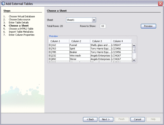 Figure shows the Choose a Sheet window of the Add External
Tables Wizard.