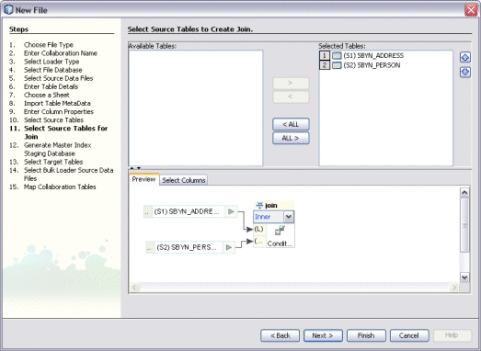 Figure shows the Select Source Tables for Join window
of the Data Integrator Wizard.