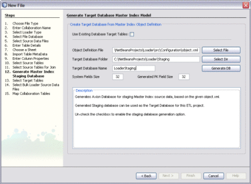 Figure shows the Generate Target Database Master Index
Model window of the Data Integrator Wizard.