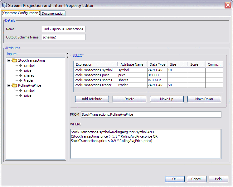 Screen capture of the property editor for the Stream
Projection and Filter operator.