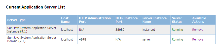 Screen capture of the Current Application Server List
table with the added server.