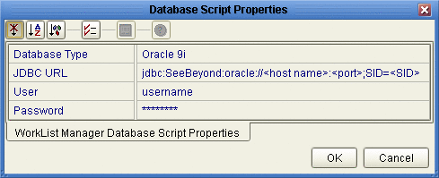 Figure shows the Worklist Manager Database Script Properties
dialog box.