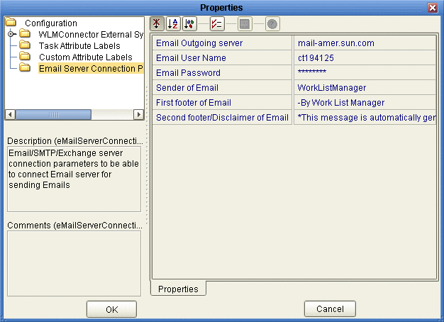 Figures shows the Email Server Connection Properties
page on the Worklist Manager External System Properties window.