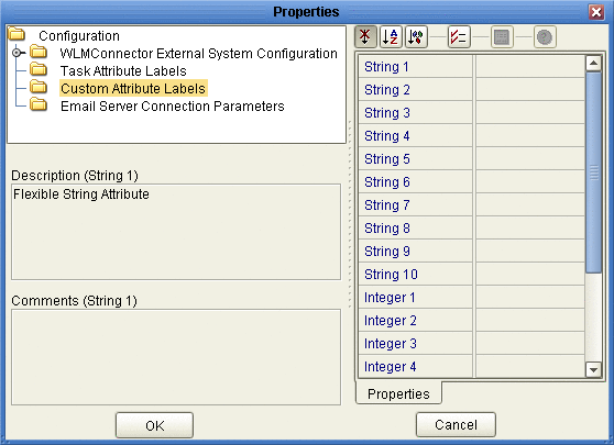 Figure shows the Custom Attribute Labels page of the
Worklist Manager External System Properties window.