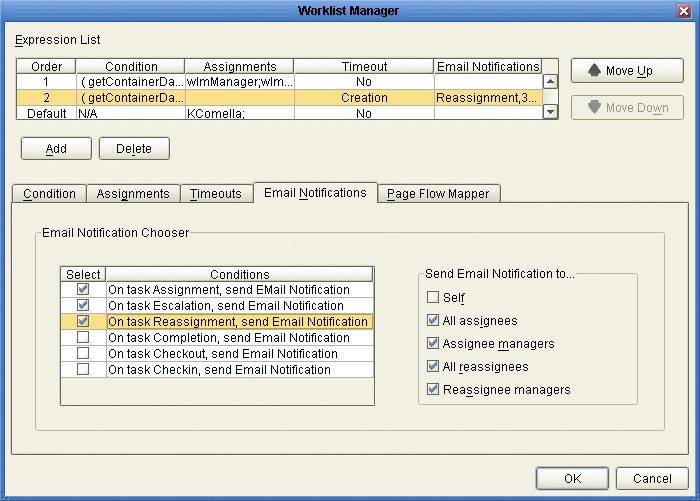 Figure shows the Email Notifications tab on the Worklist
Manager window.