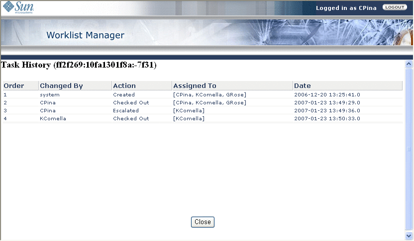 Figure shows the Task History page of the Worklist Manager
user interface.