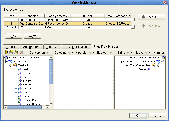 Figure shows the Page Flow Mapper tab on the Worklist
Manager window.
