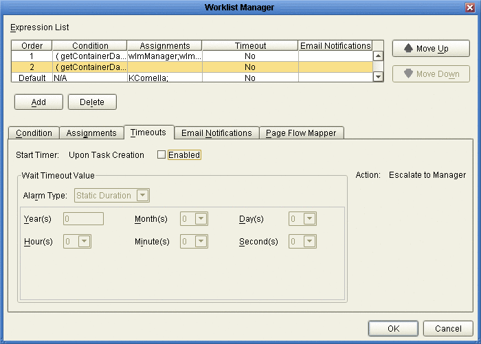 Figure shows the Timeouts tab of the Worklist Manager
window.