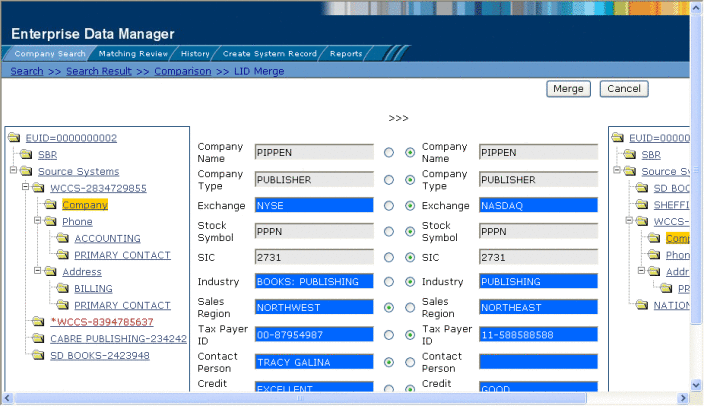 Figure shows the Merge page accessed from the Comparison
page.