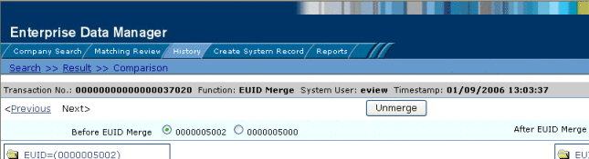 Figure shows the EUID toggle buttons for a merge transaction
in a transaction history.
