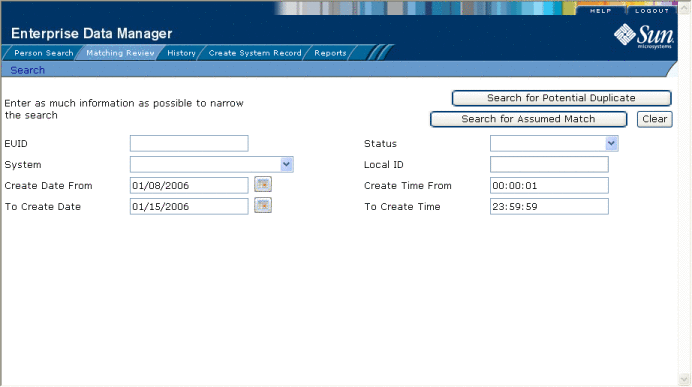 Figure shows the Matching Review search page with date
criteria entered.