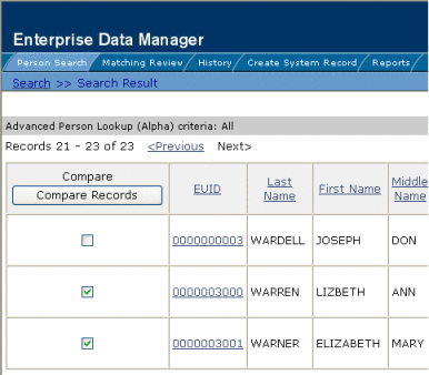 Figure shows search results with two profiles selected
for a comparison.