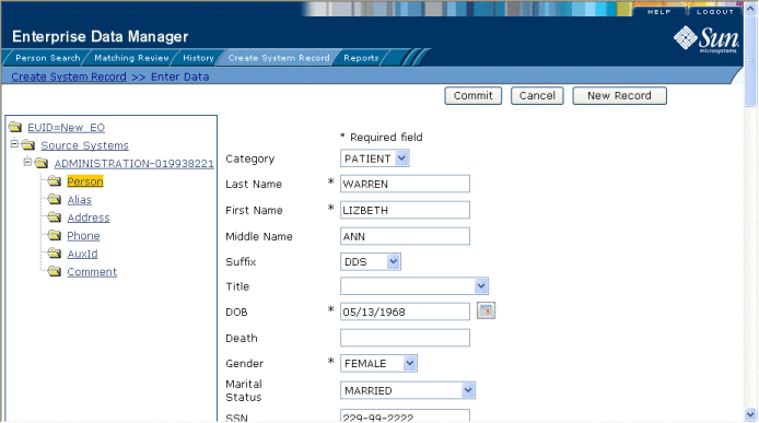 Figure shows the Demographic view on the Create System
Record page.