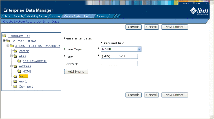 Figure shows the Phone view on the Create System Record
page.