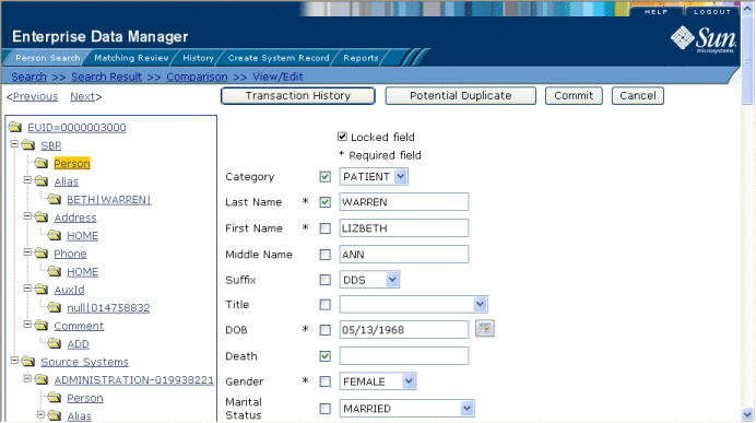 Figure shows a profile on the View/Edit page with three
fields locked in the SBR.