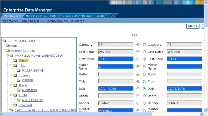 Figure shows two system records displayed on the LID
Merge page.