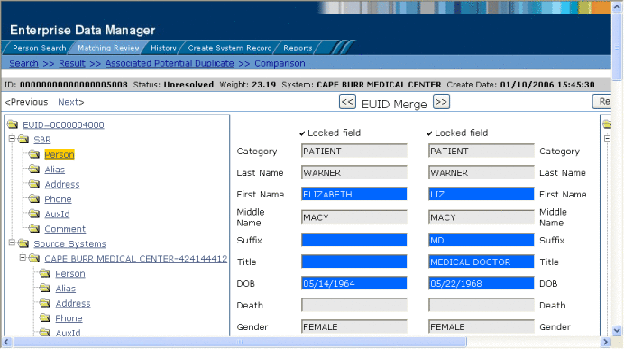 Figure shows two potential duplicate profiles displayed
in a side-by-side comparison.