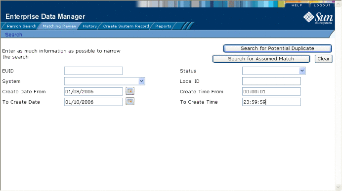 Figure shows the Matching Review Search page with date
and time criteria entered.