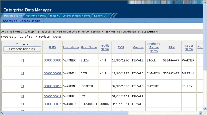 Figure shows the Search Results page for an Advanced
Person Lookup (Alpha).