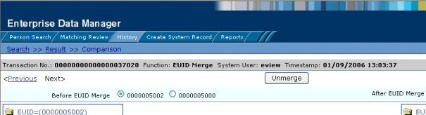 Figure shows the merge transaction option buttons for
a Transaction History.