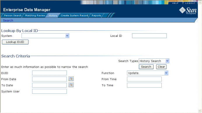 Figure shows the Transaction History Search page.