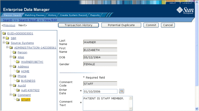 Figure shows the Comments view of the View/Edit page.