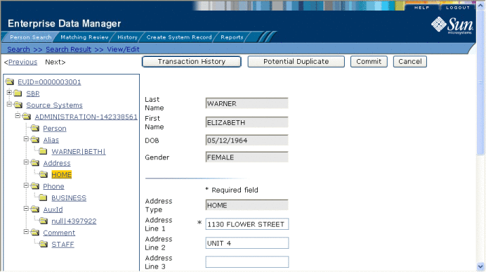 Figure shows the Address view of the View/Edit page.