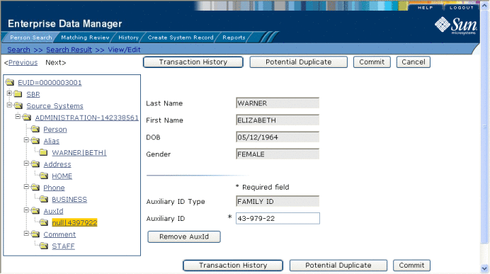 Figure shows the Auxiliary ID view of the View/Edit page.