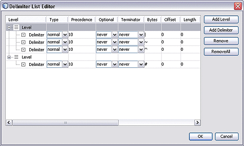 Image of Delimiter List Editor illustrating multiple
delimiters.