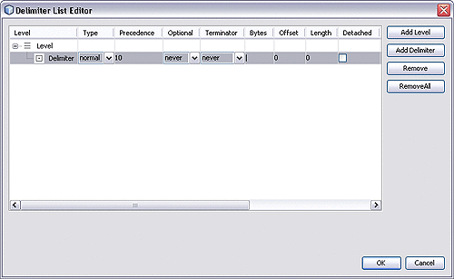 Image of Delimiter List Editor with one Level
and one Delimiter.