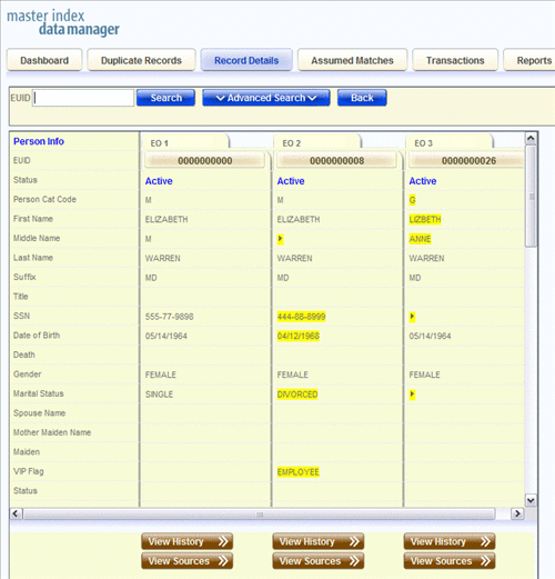 Figure shows the Records Detail page with three object
profiles displayed side-by-side.