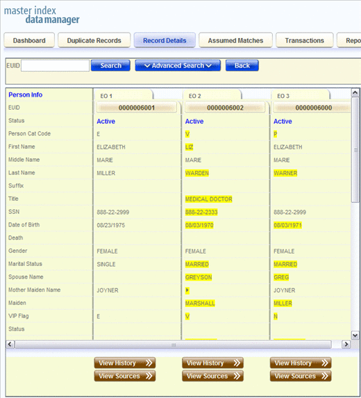 Figure shows the Record Details comparison page.