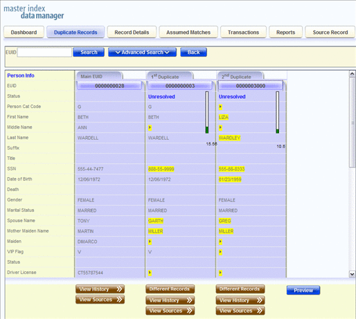 Figure shows two potential duplicate records selected
for a merge.