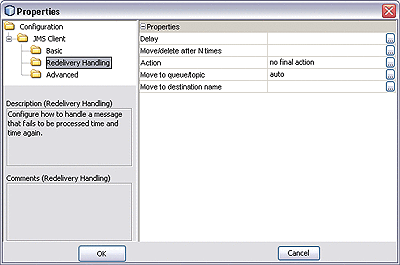Screen capture of Redelivery Handling Configuration
Properties dialog for JMS Consumer.