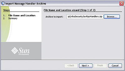 Screen capture of Import Message Handler Archive
wizard File Name and Location dialog.