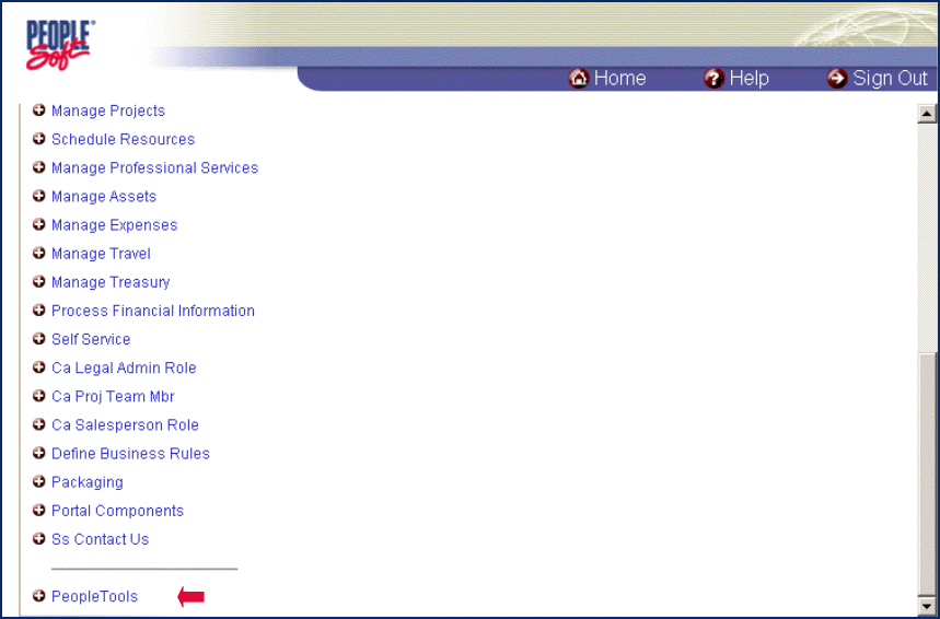 PeopleSoft 8 Application Contents Page