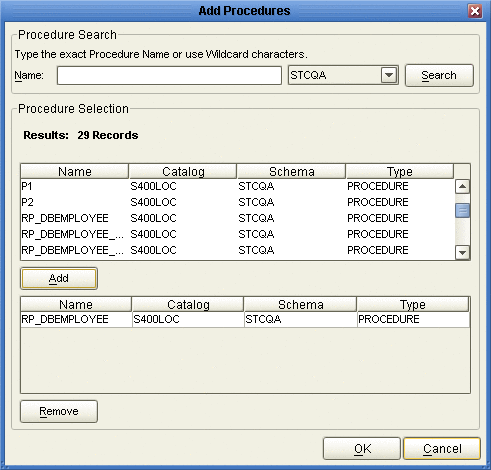 Select Procedures and specify ResultSet and Parameter
Information
