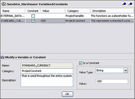 Screen capture showing the Variables and Constants
Object Group user interface.