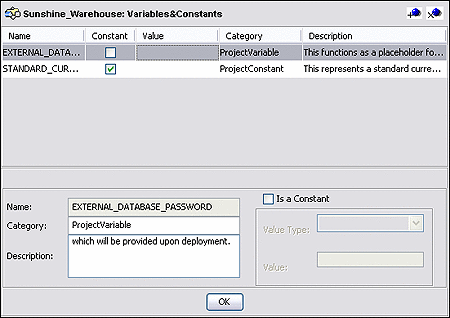 Screen capture showing the Variables and Constants
Object Group user interface.