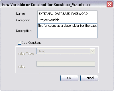 Screen capture showing the Project Variable creation
dialog box.
