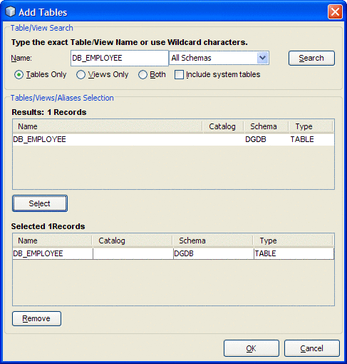 Graphic shows the OTD Wizard's Add Tables dialog box,
as described in context.