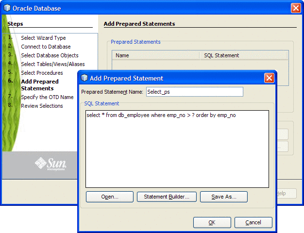 Graphic shows the OTD Wizard's Add Prepared Statement
dialog box containing the SQL Statement, as described in context.