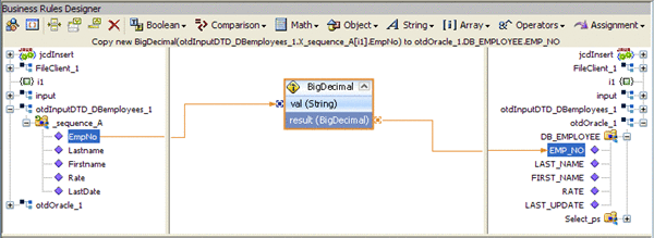 Image shows the JCD Editor displaying the Copy new BigDecimal
EmpNo to otdOracle_1.DB_EMPLOYEE.EMP_NO rule.