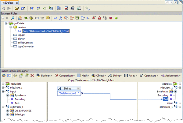Image shows the Java Collaboration Editor displaying
the Copy "Deleting record............" to FileClient_1.Text business rule.